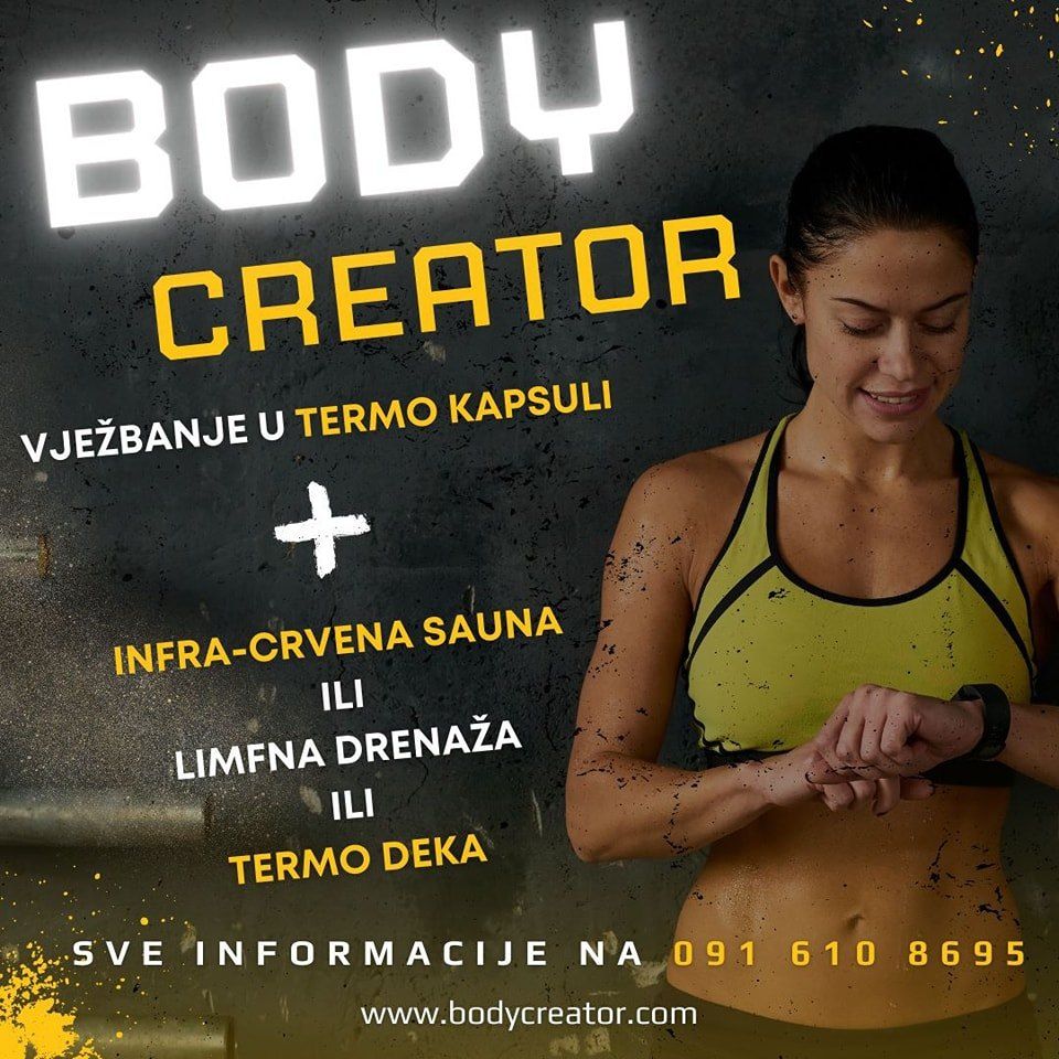🌟 Isprobajte revolucionarne tretmane za oblikovanje tijela! 🌟

🔥 Termo kapsula - vaš tajni saveznik za ciljano mršavljenje i toniranje! Zagrijana na 37 °C, ubrzava topljenje masnih naslaga i oblikuje mišiće. 💪 Postignite svoje ciljeve uz Body Creator-ove kombinacije tretmana za mršavljenje, oblikovanje i smanjenje celulita. 💃

💫 Infra crvena kapsula - dubinsko čišćenje kože i eliminacija mrtvih stanica! 😍 Infra-crvene zrake otvaraju pore i prodire do 3 cm dubine, potičući topljenje masnih naslaga i poboljšavajući mikrocirkulaciju. Koža postaje čista, sjajna i bez nedostataka! ✨

💧 Limfna drenaža - oslobodite se otoka i poboljšajte cirkulaciju! 🌿 Ova terapija čisti tijelo od otpadnih proizvoda metabolizma, potiče dotok kisika i hranjivih tvari, te smanjuje otečenost. Vratite ravnotežu svom tijelu i osjetite blagodati limfne drenaže. 🌸

💼 Postanite dio naše franšizne obitelji!

👥😊 Ako ste zainteresirani za pružanje inovativnih tretmana i pomaganje drugima da ostvare svoje ciljeve, pridružite se Body Creator timu! 🤝 Kontaktirajte nas i saznajte više o prilikama za franšizere. 📩

Iskoristite priliku i transformirajte svoje tijelo uz Body Creator! 💖