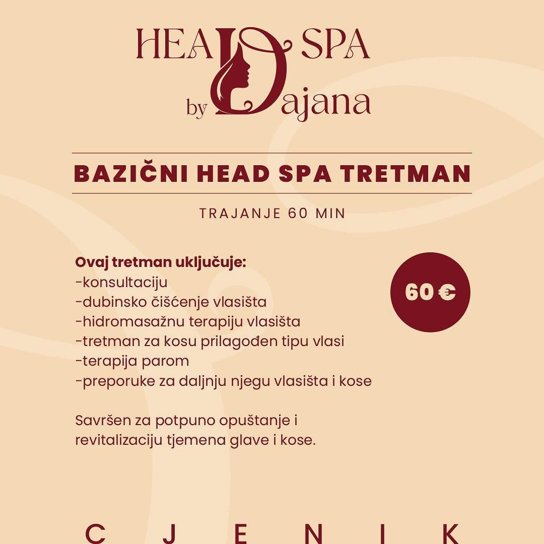 Bazični Head spa tretman uključuje:

konzultaciju
hidomasažna terapija vlasišta
tretman za kosu prilagođen tipu vlasi
terapija parom
preporuke za danju njegu vasišta i kose
Savršen za potpuno opuštanje i revitalizaciju tjemena glave i kose.