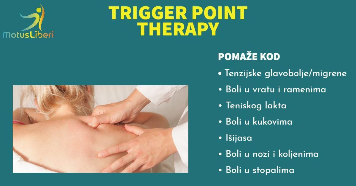TRIGGER POINT THERAPY je manualna terapija koja koristi pritisak na "trigger" točke u svrhu smanjenja boli, povećanja opsega pokreta, opuštanja...
"TRIGGER" točke su hiperiritabilne točke koje se nalaze u mišićima koji mogu biti previše napeti ili opušteni (nedostatak tonusa), a mogu uzrokovati "preneseni" biol na udaljenom mjestu.

Trigger točke najčešće nastaju zbog smanjene cirkulacije prema mišiću što uzrokuje nedostatak kisika i hranjivih tvari u mišićnim stanica te nakupljanje otpadnih tvari u istima. Zbog toga dolazi do stvaranja spazma mišića koji dodatno smanjuje cirkulaciju te se na taj nočin stvara zatvoreni krug SMANJENA CIRKULACIJA - SPAZAM - BOL - SMANJENA CIRKULACIJA...

TRIGGER POINT THERAPY ima za cilj prekinuti taj zatvoreni krug na način da omogući bolju cirkulaciju i prijenos kisika i hranjivih tvari prema mišići što za posljedicu ima popuštanje spazma mišića.

TREBATE POMOĆ S BOLOVIMA U LEĐIMA, VRATU, RAMENIMA..? PRIJAVITE SE NA SVOJ TERMIN!!