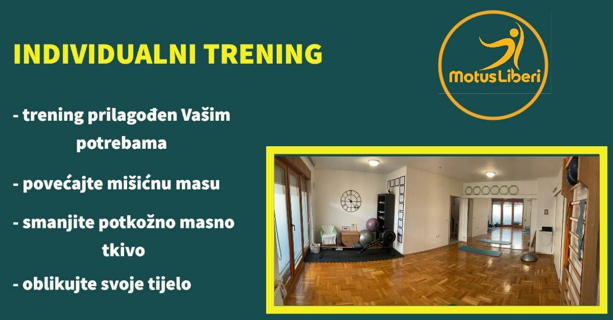INDIVIDUALNI TRENING je najbolji odabir prilikom vježbanja, osobito ukoliko ste početnik i tek započinjete s vježbanjem

INDIVIDUALNI TRENING omogućava treneru da bude posvećen isključivo Vamai, prati Vašu izvedbu vježbi te ispravlja pogreške.

INDIVIDUALNI TRENING prilagođen je isključivo Vama i Vašim potrebama te nema drugih osoba koje Vas i ili trenera mogu ometati u radu-

Ukoliko želite započeti trenirati, a ne znate gdje i kako, javite se i mi ćemo Vam pomoći!!😉💪