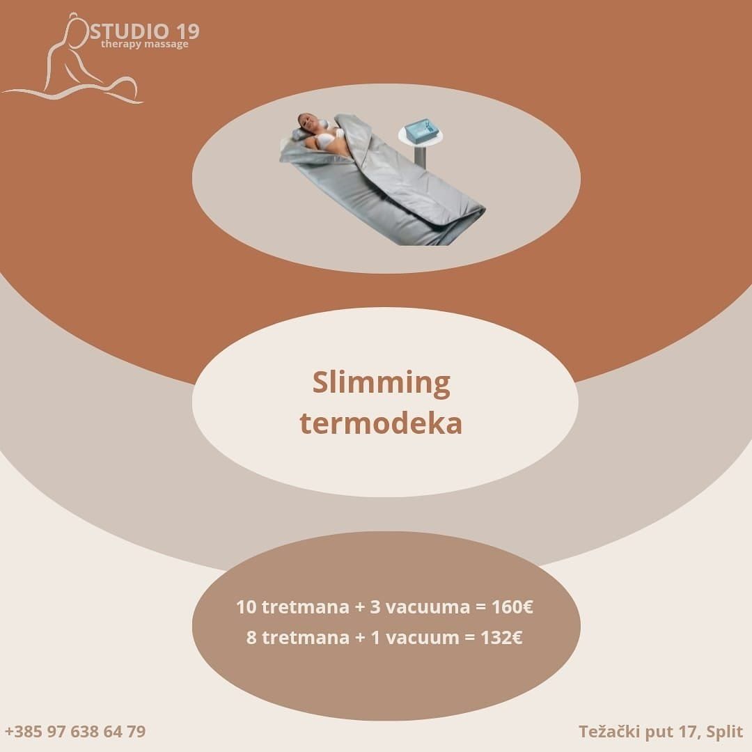 Želite li se riješit celulita,izbaciti višak vode iz tijela ili se riješiti toksina? Naši tretmani slimming termodekom su i dalje akutalni u našim paketima koji su prilagođeni Vama. Sami rezultati su vidljivi već nakon par tretmana,u što se možete uvjeriti u objavama na našem profilu. Naša termodeka uspješno riješava celulit,vodu i toksine iz tijela,a i poboljšava tonus kože. Sagorijevanje kalorija,detoksifikacija organizma,bolji imunitet,smanjenje celulita i bolja cirkulacija samo su neke od prednosti ovog tretmana. Potrebno je odraditi 5 tretmana uzastopno da bi se postigli rezultati i pokrenulo sagrijevanje masnih naslaga.Kad je prisutna mjesečnica tada nije moguće odrađivati tretmane slimdeke.