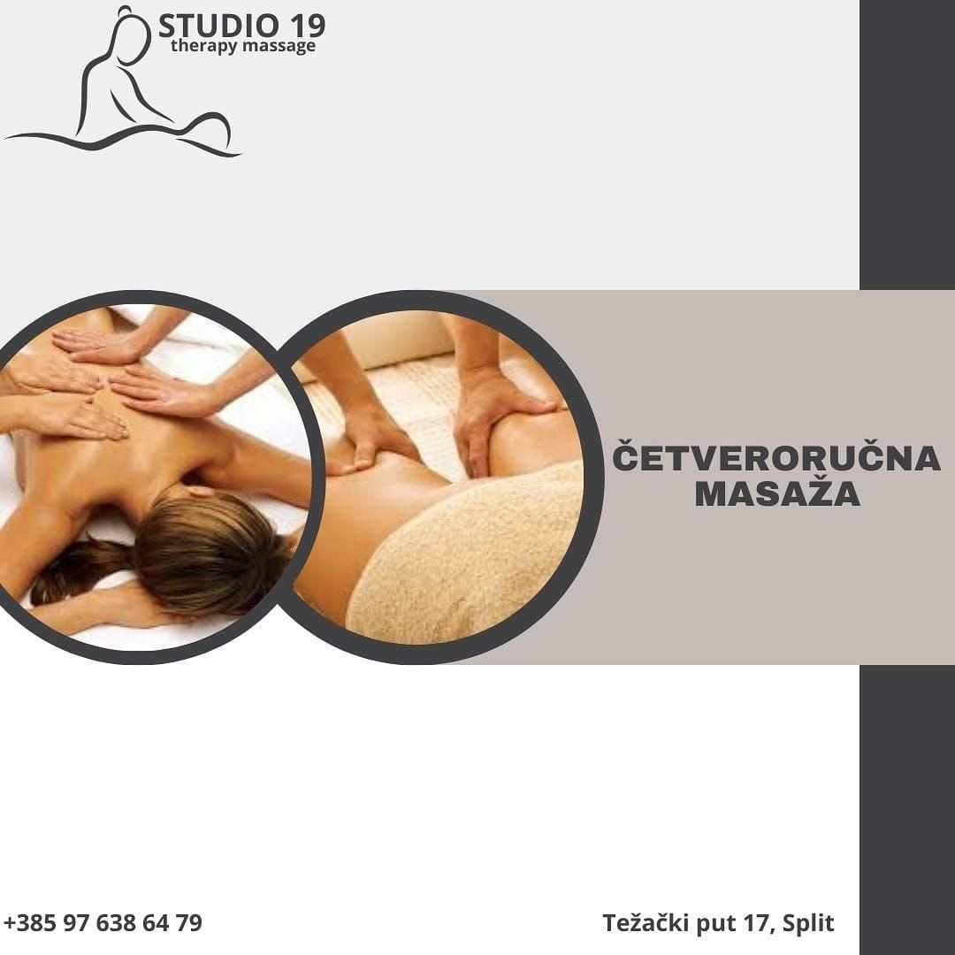 Kako neprestano radimo na poboljšanju i kvaliteti naše usluge i naših tretmana,ovoga puta s novim članom našeg tima dolazi i nova usluga.
Predstavljamo Vam četveroručnu masažu!
Četveroručna masaža posebno je dizajniran tretman,koji ne samo da potiče opuštanje mišića i smanjanje fizičke napetosti,već takva vrsta masaže leži u sinkroniziranim pokretima dvaju terapeuta koji istovremeno tretiraju cijelo tijelo. Imate osjećaj boli u gornjem dijelu tijela,a pri tom i osjećaj težine u donjem dijelu tijela?! Ova masaža bi bila idealna za Vas. Isto tako ne referirajući se na bol ova masaža jednostavno je za svakoga. Zamislite osjećaj nakon takve masaže?!
Studio 19 sa zadovoljstvom Vam predstavlja novitet.