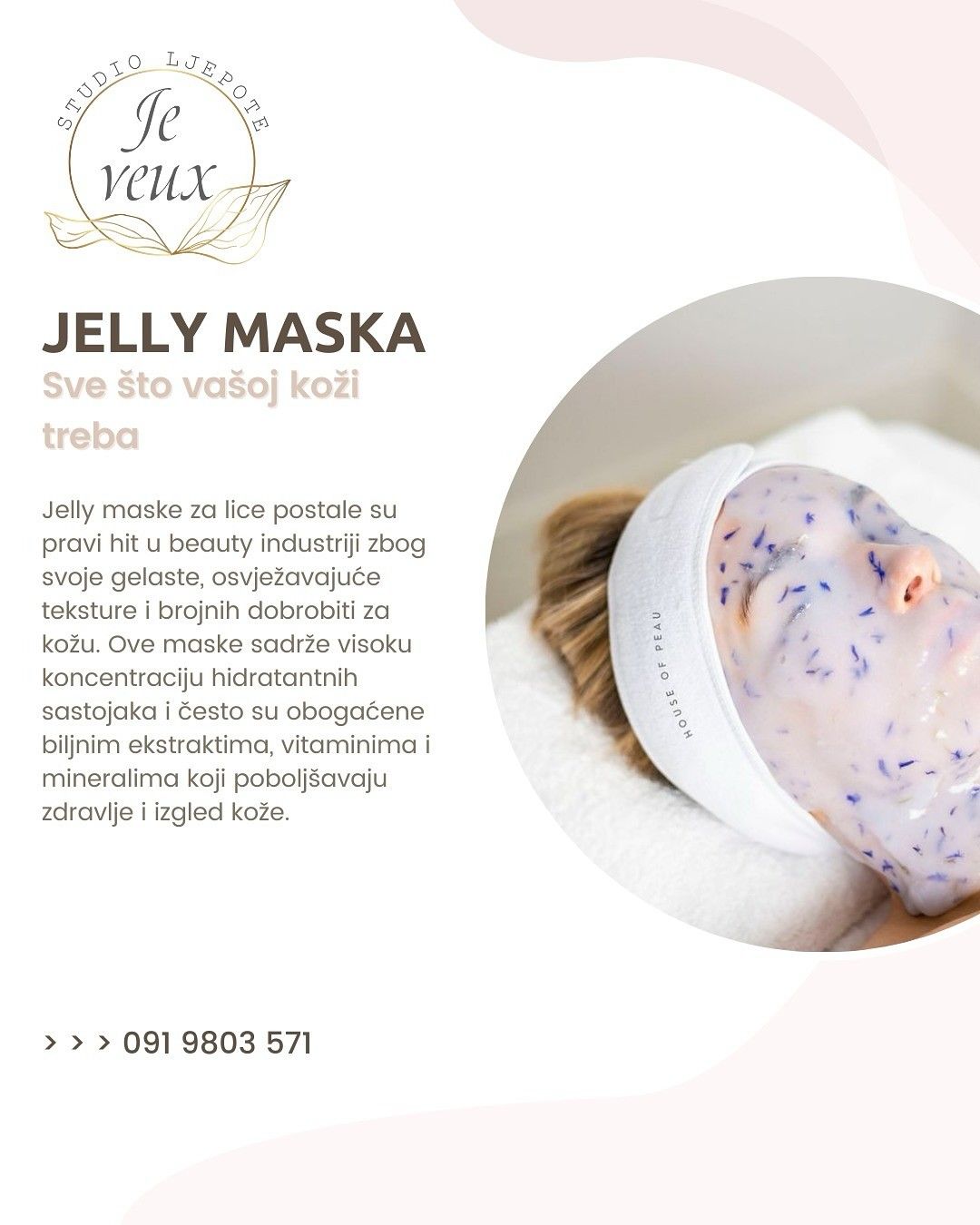 ✨ Hidratacija i glow u jednom koraku! ✨
U Je Veux studiju ljepote predstavljamo Jelly masku – savršeni tretman za osvježenje i dubinsku njegu kože! ❄️💦
✔️ Intenzivno hidratizira
✔️ Umiruje i osvježava
✔️ Smanjuje crvenilo i poboljšava teksturu kože
✔️ Daje zdravi sjaj i punoću
Idealna za sve tipove kože, a posebno za umornu, dehidriranu i osjetljivu kožu. 💖 Isprobajte ovu luksuznu njegu i osjetite osvježenje istog trena!