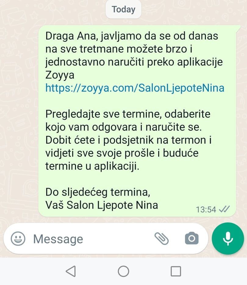 Notification via WhatsApp message